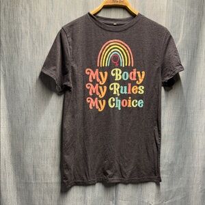 Next Level Apparel Charcoal Tee with Colorful Text Design